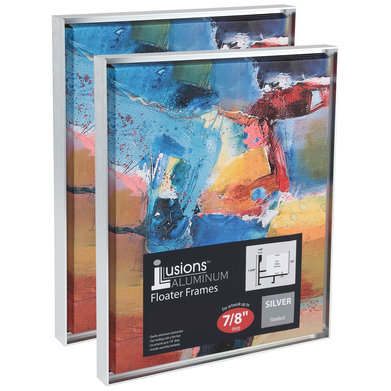 Creative Mark Illusions Aluminum Floater Frames 7/8" 2 Pack - Canvas Floater Frames with Sleek Metal Exterior, Flat Molding & Assembly Hardware for Artists, Professionals, Galleries